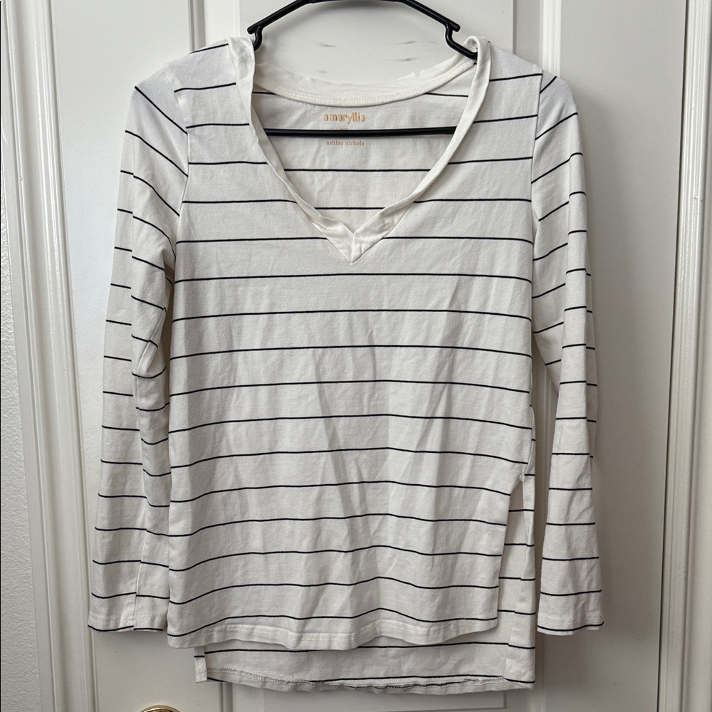 Amaryllis Black and White Striped V-Neck Top